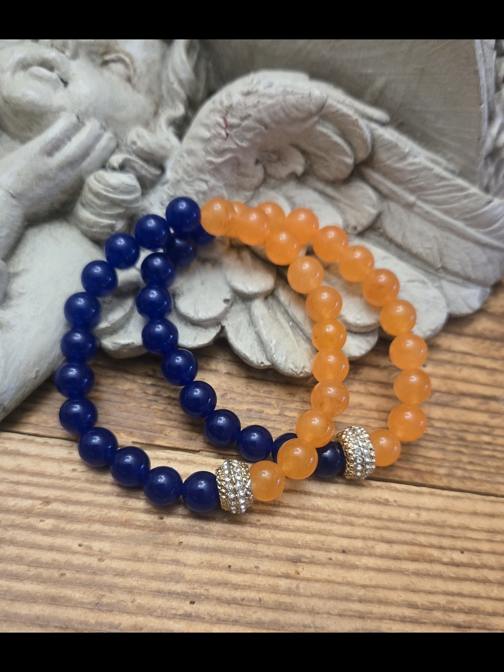 Blue and Orange Beaded Stretch Bracelet Set with Pave Accent